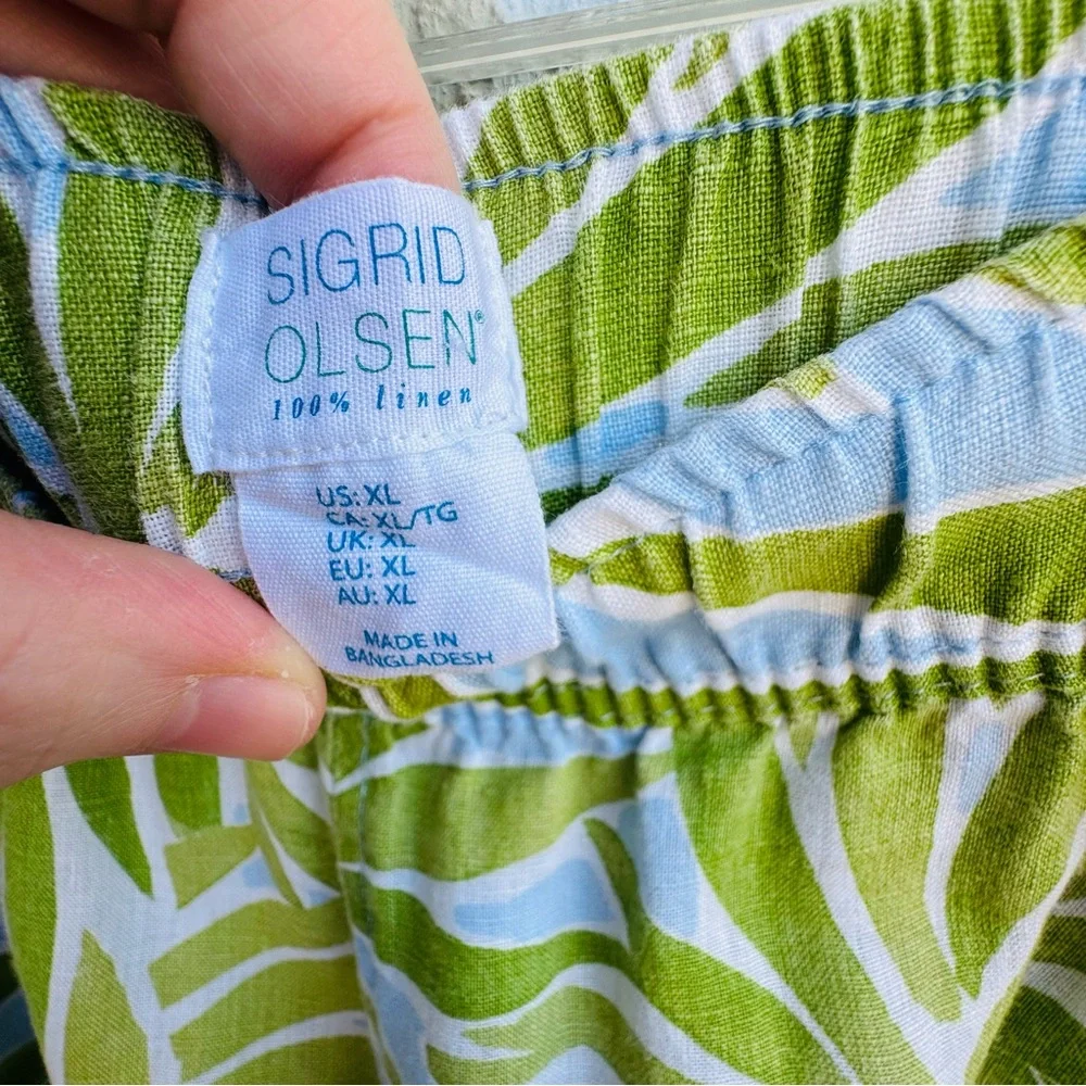 SIGRID OLSEN XL 100% linen wide leg pull on pants palm leaves tropical pockets - Picture 4 of 7